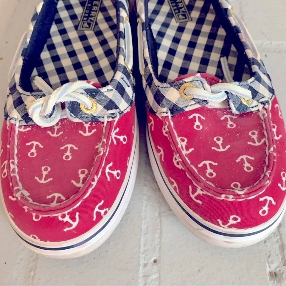 Sperry Red White Blue Check W/Anchor Print SZ 6.5 - Image 3 of 4