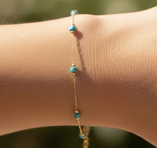 Boho Gold Tone Turquoise Bracelet 14K Gold Plated Minimalist Chain Beaded