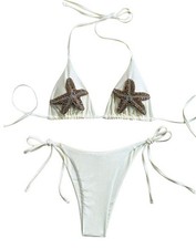 MakeMeChic Women's Halter Triangle Thong Bikini, High Cut Swimsuit, Beige XL