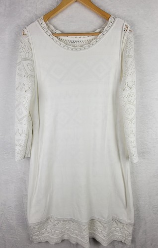 Cottagecore Boho XL Midi Dress 3/4 Sleeves White Lined Crochet Pullover Holiday - Picture 7 of 11