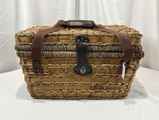 Wicker Picnic Basket - Hinged Lid w/Latching Strap  Tableware Set Of 4 Pics 