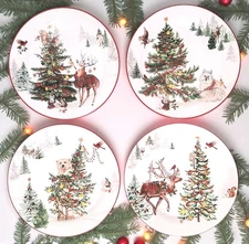 Pottery Barn S/4 Enchanted Forest Salad Plates 8.75" NIB Mixed Christmas Holiday