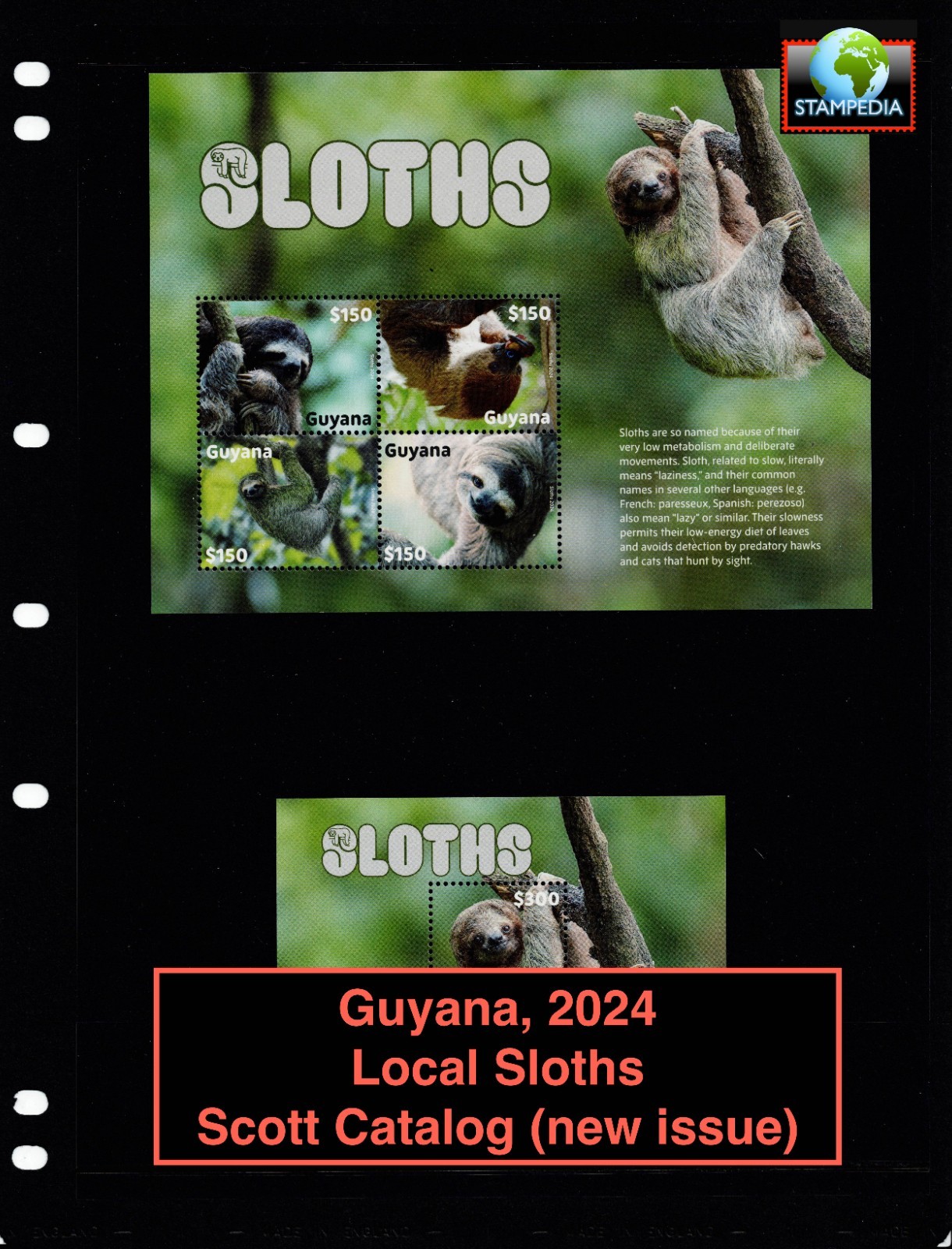 $10.25 Scott Value - 2024 GUYANA Sloths 2 s/s South America CV MNH NH UMM