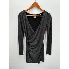 HALSTON HERITAGE Shimmer Faux Wrap V Neck Long Sleeve Bodycon Mini Dress // 4