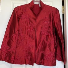 Vintage Chicos Design 1 Red Silk Embroidered Open-Front Jacket Size M Pockets