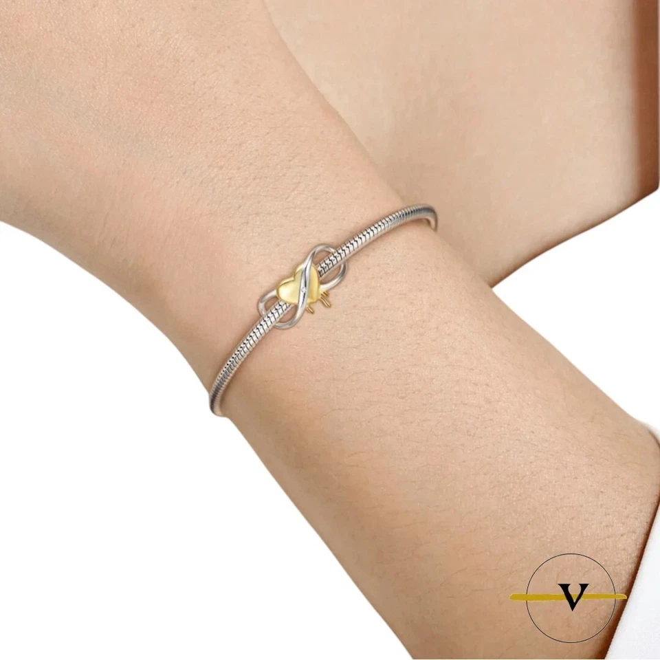 CHARM DONNA ARGENTO 925 INFINITO CUORE ORO ZIRCONE BIANCO BRACCIALE BRACCIALETTO - Immagine 2 di 4