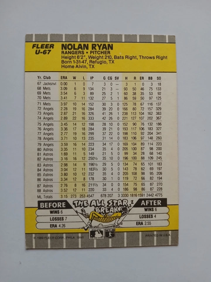 1989 Fleer Update - Nolan Ryan #U-67  RARE ERROR CARD! - Image 4 of 4