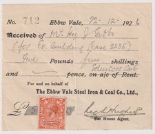 Großbritannien 1926 Scheckbeleg Ebb Valley Steel Iron and Coal Ltd