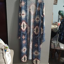 Long Blue Cream Red Aztec Pattern Women's Kimono Jacket with Pockets Long Sleeve