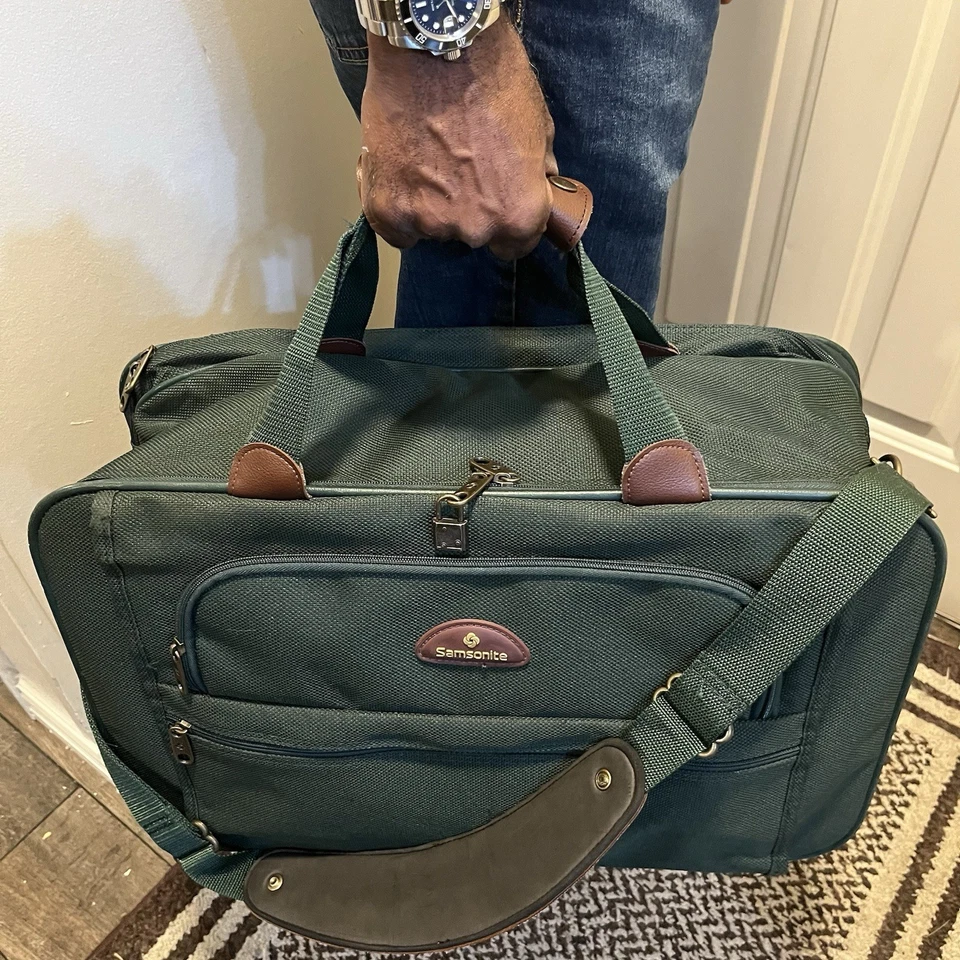 Bolso de Lona Samsonite Vintage Verde Marrón 21x14 x8 pulgadas Viaje Llevar con Correa Foto 2 de 4
