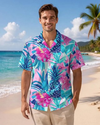 Pineapple Hibiscus Hawaiian Shirt Tropical Aloha Summer Beach Vacation Unisex