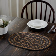 Placemat Black & Tan Jute Country 12x18 Oval Braid Textured Primitive VHC Brands