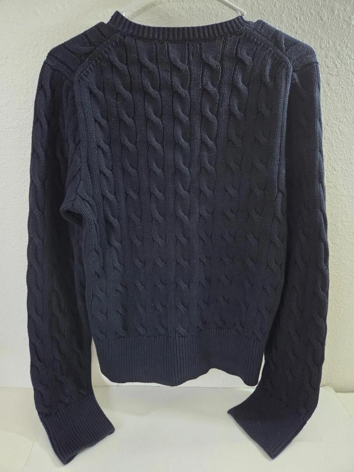 Polo Ralph Lauren女式海军蓝电缆针织棉圆领开衫毛衣L — 第 3/4 张图片