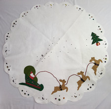 Handmade Sequins Vtg White Felt Christmas Tree Skirt Table Reindeer Sleigh 34in