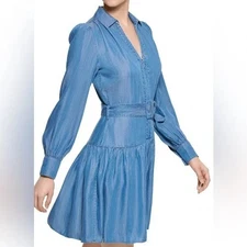 Karl Lagerfeld Dress Womens 4 Denim Chambray Belted Fit Flare Mini Western Blue