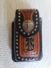 Hand Tooled Western Cell Phone Holster with Cross,Black  Brown with Studs READ