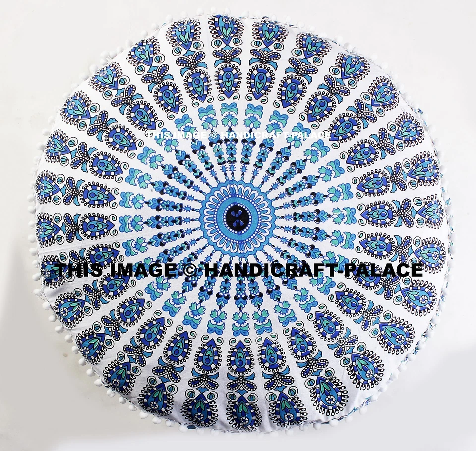 Almohada de piso blanca india puf taburete de pie pavo real mandala estampado pom otomana Foto 3 de 4