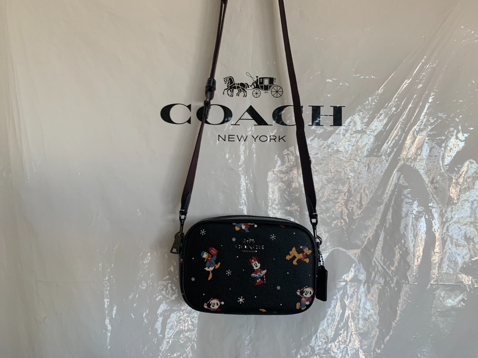 NWT Coach CN027 Disney Mini Jamie Camera Bag with Holiday Print Black