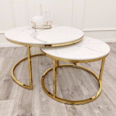 Luxus Gold Couchtisch Cato 2er Set rund 80 cm weiß Sinterstein