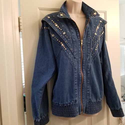 Broad Lapel Blue Denim Brass and Rhinestone Studded Jacket by Gabby & Claudia M - Picture 6 of 14