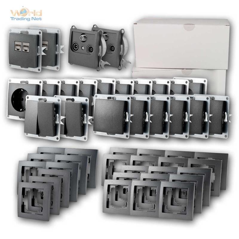 Flair MEGASET, unterputz Schalter + Steckdose + Rahmen, Großpackung 100-teilig