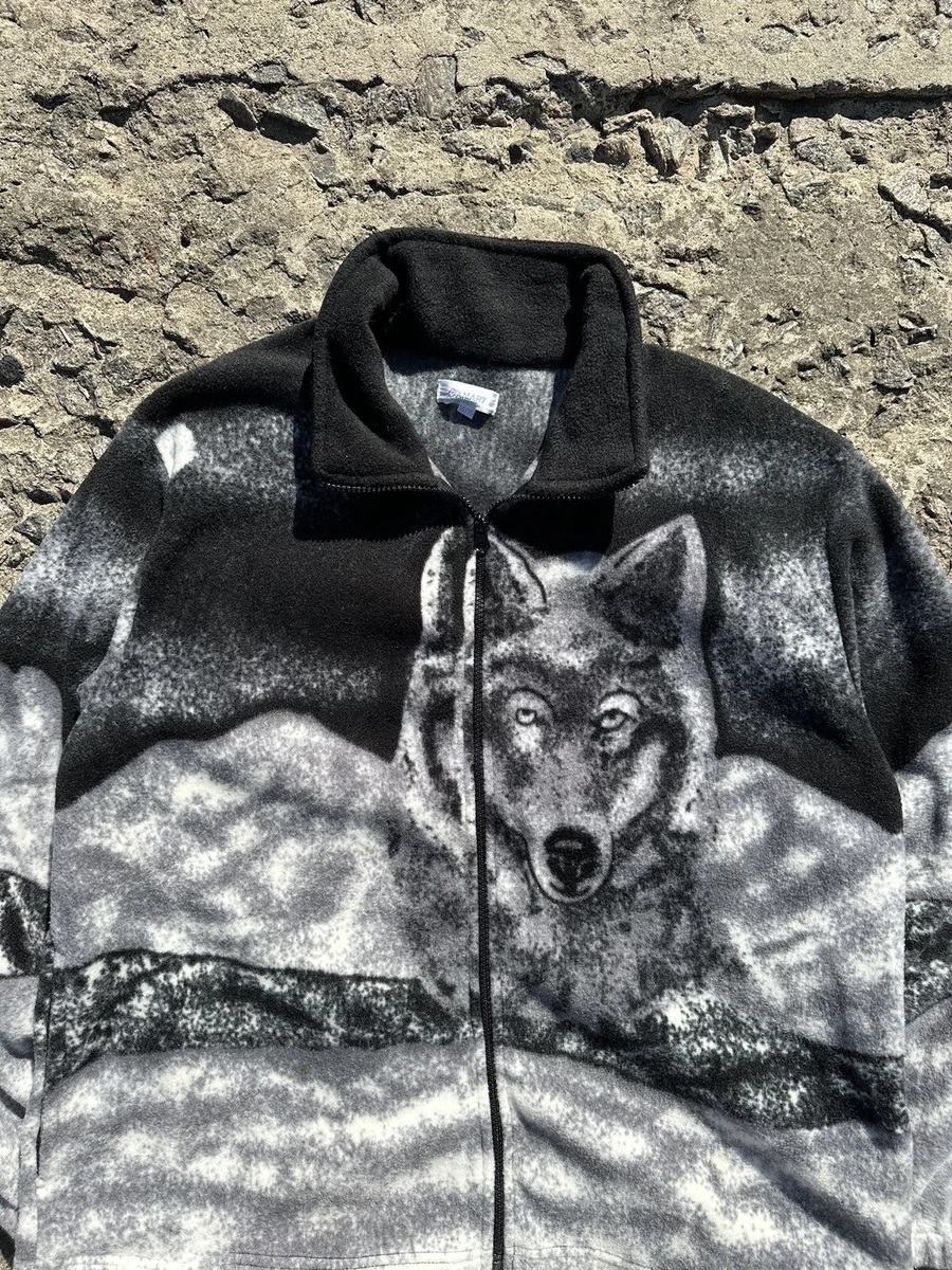 Vintage Wolf Animal All Over Print Fleece Jacket Size M eBay