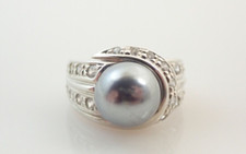 Sterling Silver Clear CZ Black Faux Pearl Band Ring Sz 5