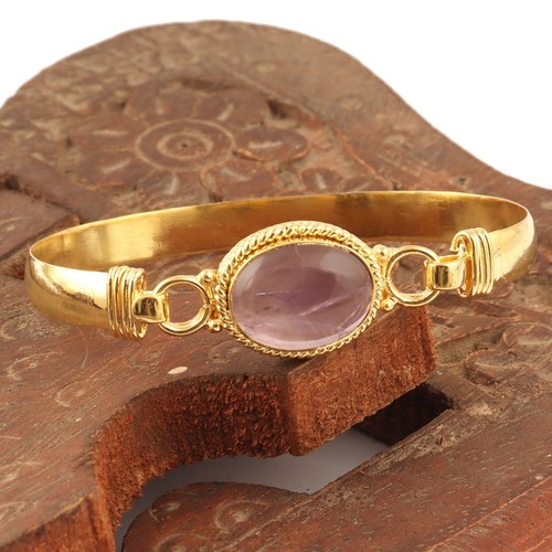 Blue Natural Amethyst Gold Plated Gemstone Collet Set Hook Bracelet Gift For Her - Picture 5 of 5