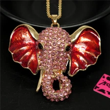 Fashion Women Rhinestone Cute Red Elephant Head Crystal Pendant Chain Necklace