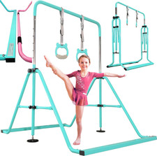Folding Kids Gymnastics Bar w/ Rings Sturdy Kip Bar Horizontal Home Gym