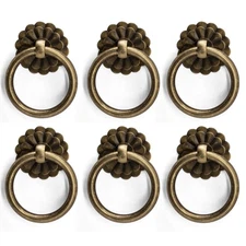6Pcs Antique Bronze Ring Pulls Vintage Small Ring Pulls with Flower Deco Knob...