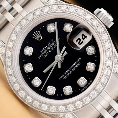 ROLEX LADIES DATEJUST 69174 BLACK DIAMOND 18K GOLD STEEL DIAMOND LUGS WATCH