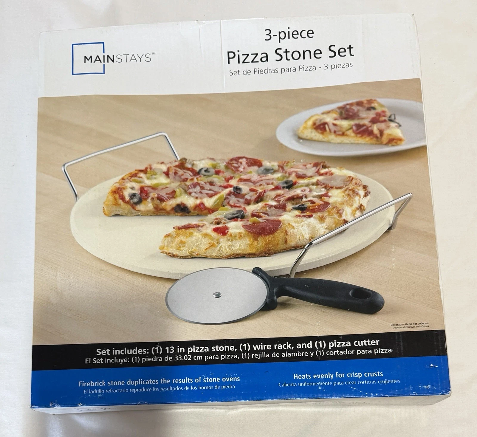 3-Piece Pizza Stone Set By Mainstays ~ 13 in. Pizza Stone, Wire Rack, & Cutter