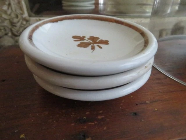 3 Vintage Ironstone BUTTER PATS Thick Chunky Stained Crazed WHITE Brown Tea Leaf