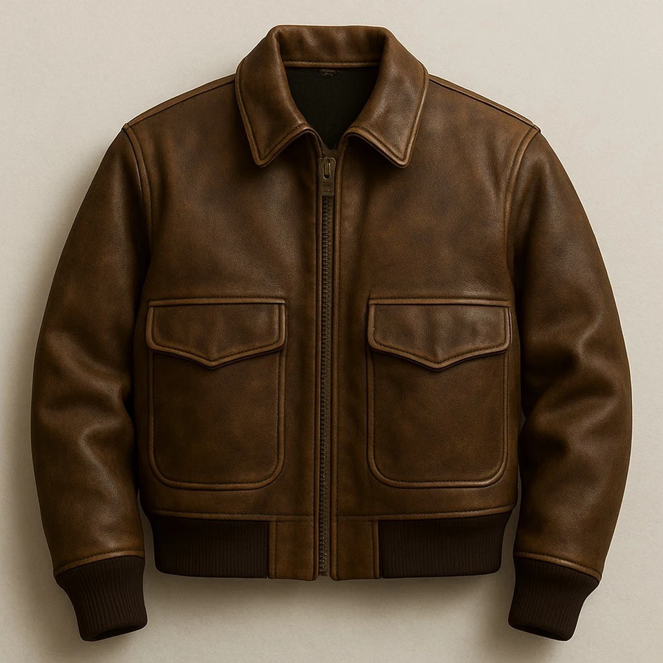 Chaqueta de bombardero de cuero marrón vintage para hombre abrigo de vuelo de aviador retro real