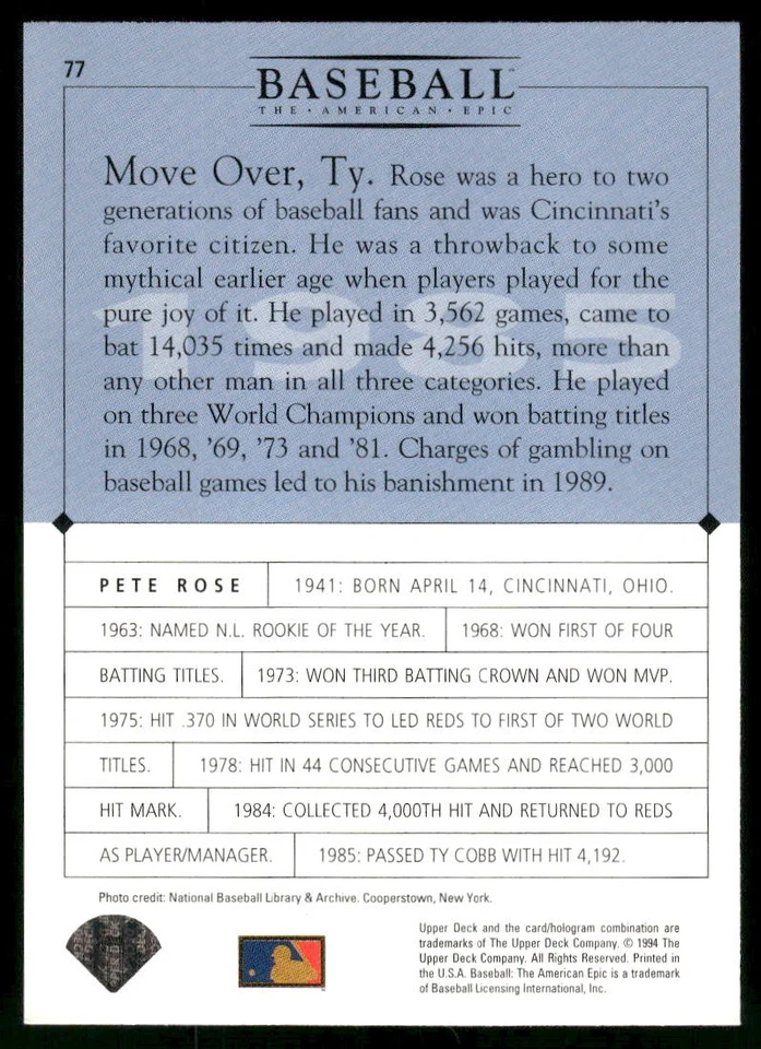 Pete Rose 1994 Upper Deck Baseball: The American Epic #77 Near Mint or Better - Image 2 of 2