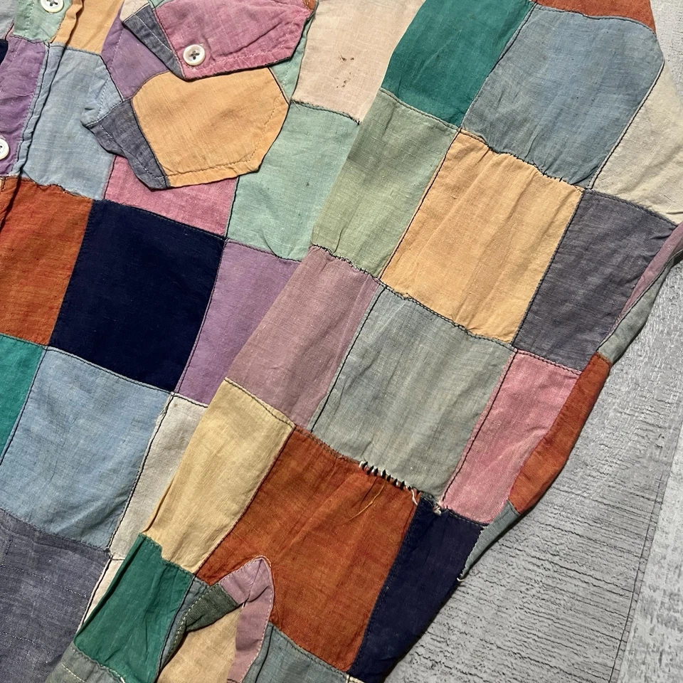 Camisa boho de colección de los años 60/70 colorida con patchwork de lino cuello de daga hippie para hombre con botones Foto 4 de 4