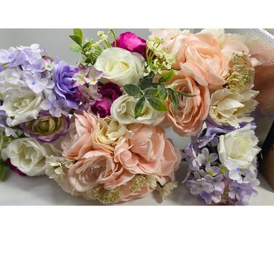 6pc Silk Floral Bouquets Peach Lavender Magenta Rose Peony Wedding Bridesmaid