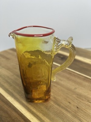 VTG Pinzette Pitcher Hand Blown Creamer Applied Handel 4.5  Amber Original Tag