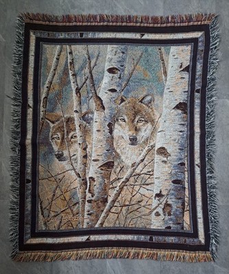 Wolf In Birch Trees Tapestry Throw Blanket 46 x55''  David Wenzal