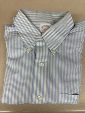 Brooks Brothers 346 Blue Yellow stripe 17 4/5 The Original Polo Shirt Button