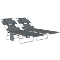 Outsunny 2 Sun Loungers with Reading Hole, Folding Garden Lounger, Dark Grey