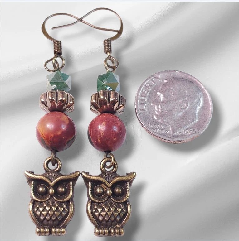 Pendientes Búho Rústico Picasso Jaspe Piedras Preciosas Cristal Verde Antiguo Ganchos Bronce Foto 3 de 4