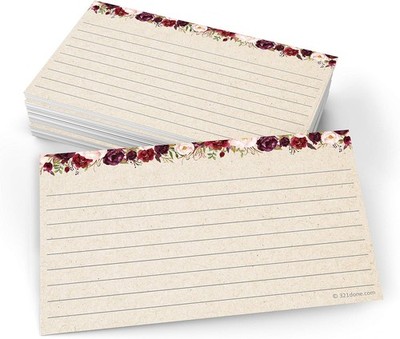 321Done Ruled Note Cards, Floral 3x5 Thick Index Cards - Kraft Tan Card Stock,