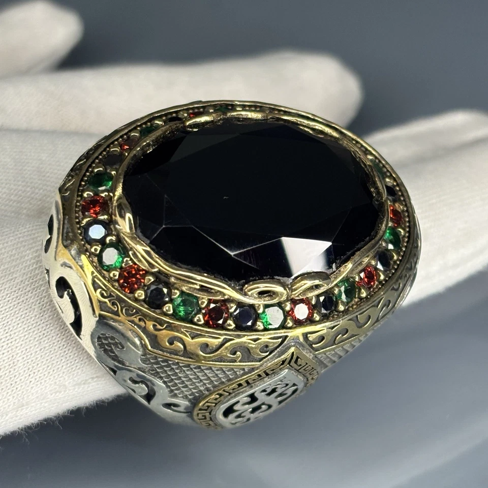 Heavyweight Black Onyx Stone 925 Sterling Silver Ring Handmade Turkish Ottoman - Image 2 of 4