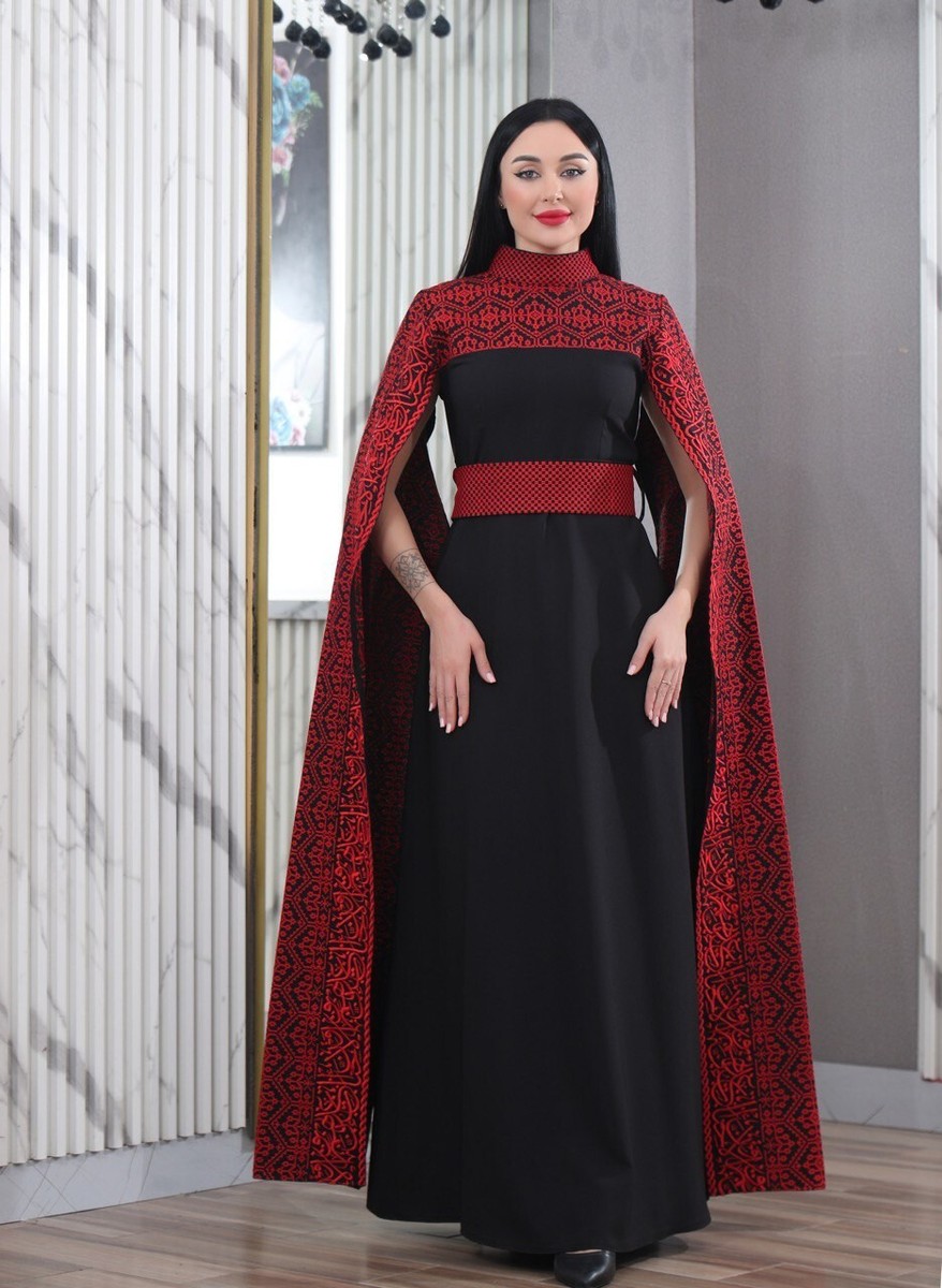 Women Palestinian Embroidered Dress Open Shoulder Drapes Traditional Tatreez