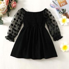 Kids Girl Fashion Party Dress Black Poka Dotted Tulle Long Sleeve Dress Spring