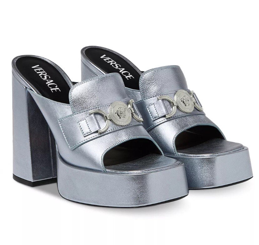 Versace Logo Charm High Heel Platform Mule Sandals Medusa Metallic