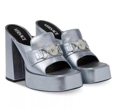 Versace Logo Charm High Heel Platform Mule Sandals Medusa Metallic Blue Sz 41