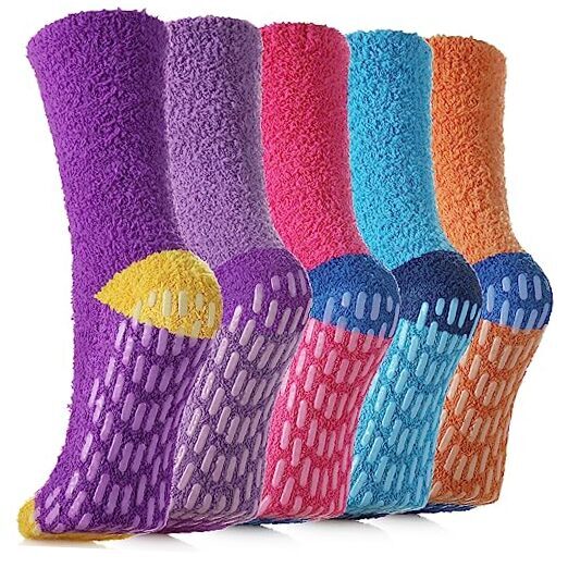 Non Slip Socks Fuzzy Socks with Grips for Women One Size 5 Pairs Multi-color a